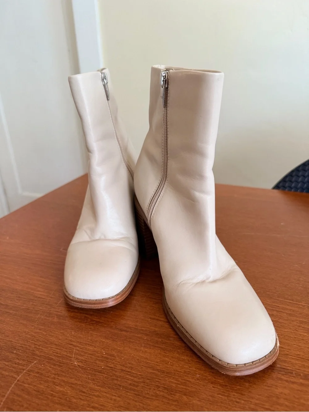 Marc Fisher Cream Leather Ankle Booties with Side Zip